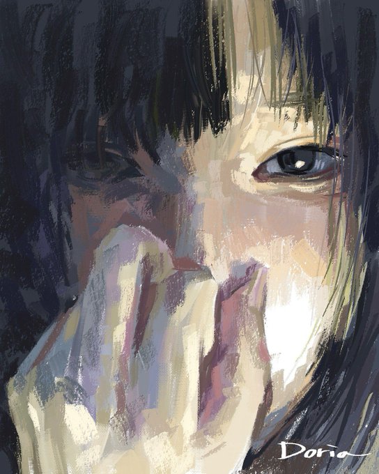 Image: An illustration by an artist with the signature "Doria" of a person covering their face with their hand.