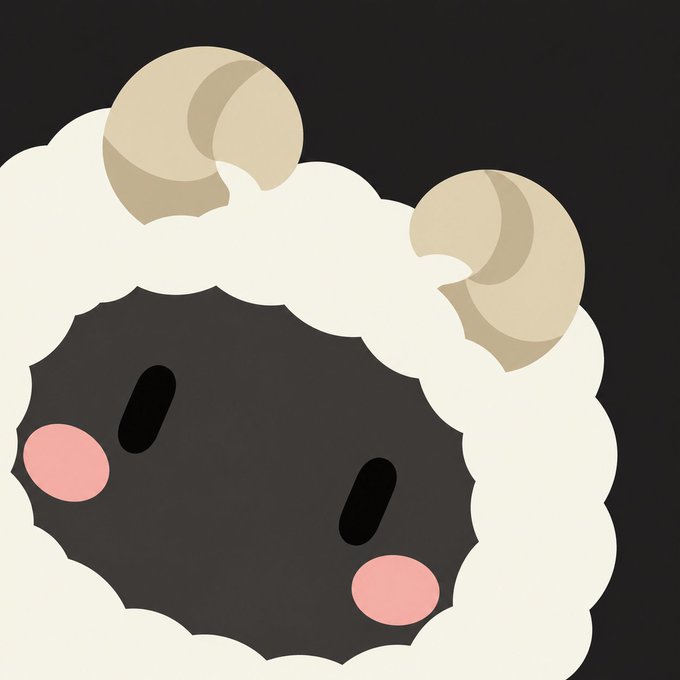 A kawaii-style illustration of a cute sheep character with a dark face, pink cheeks, and tan curled horns.