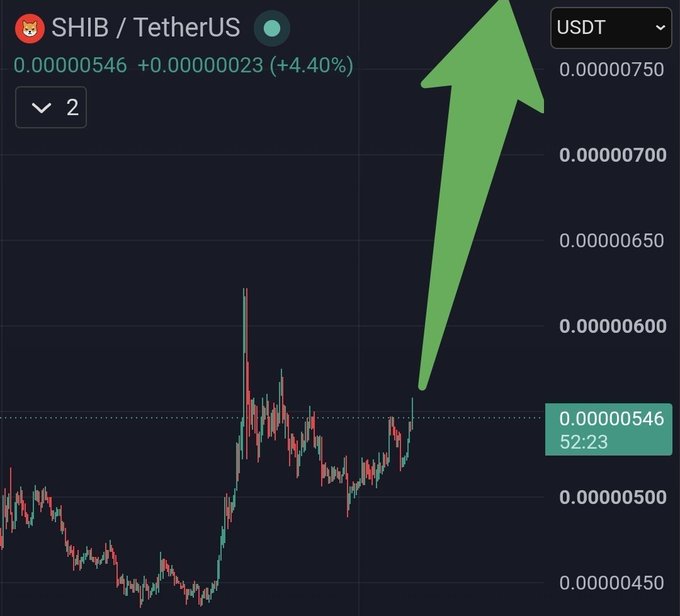 A trading chart displaying the SHIB/USDT (Shiba Inu/TetherUS) cryptocurrency pair on a dark-themed interface shows the current price at 0.00000546, up 0.00000023 (+4.40%) with a "2" indicator below the price. The candlestick chart reveals a recent upward price movement, highlighted by a large green arrow pointing upward, visually reinforcing the poster's bullish sentiment expressed in their caption "I'm long on $SHIB " and aligning with the price scale showing values ranging from 0.00000450 to 0.00000750, with a timestamp of 52:23 marking the current price level at 0.00000546.