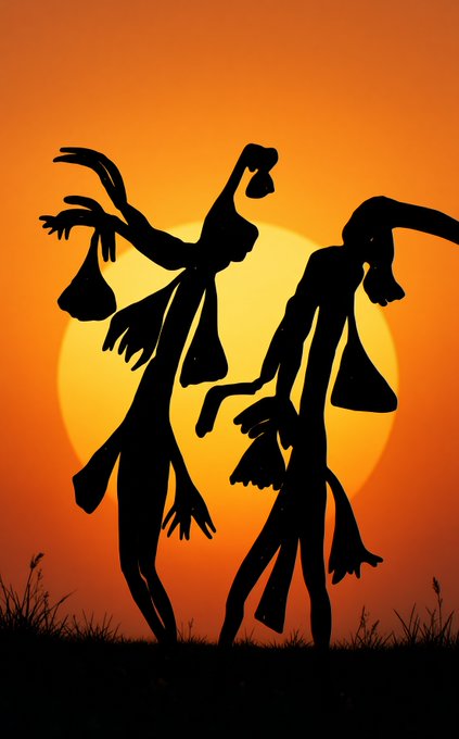 Two silhouetted figures with elongated, abstract limbs reach toward each other against a glowing orange sunset, their dark forms evoking a quiet sense of connection or farewell that mirrors the post's "good night" sentiment. The surreal, flowing shapes give the scene a dreamlike, communal quality fitting its "Communion" theme.
