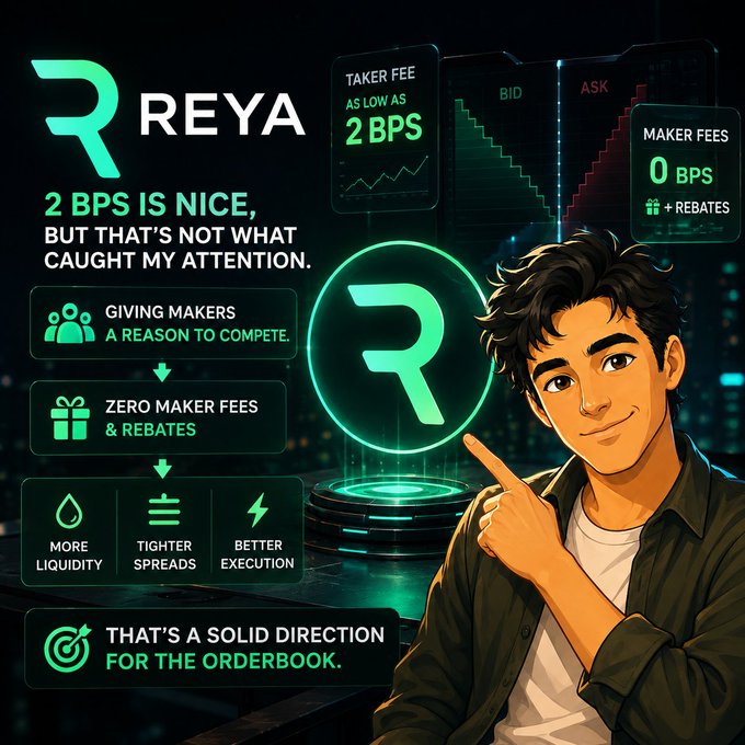 An infographic for 'REYA' featuring an illustrated young man pointing at a glowing 'R' logo. The graphic highlights features like 'TAKER FEE AS LOW AS 2 BPS' and 'MAKER FEES 0 BPS', along with a 'BID/ASK' chart.
