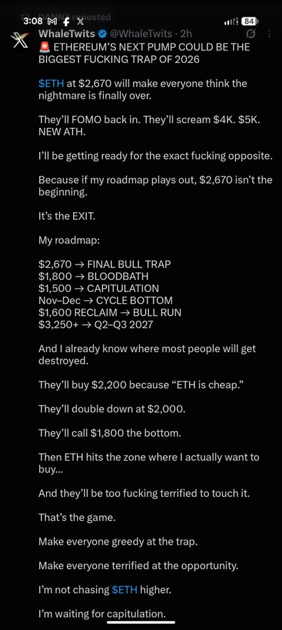 A screenshot of a WhaleTwits post stating 'ETHEREUM'S NEXT PUMP COULD BE THE BIGGEST FUCKING TRAP OF 2026', predicting ETH will hit $2,670 as a 'FINAL BULL TRAP' before crashing to $1,500 'CAPITULATION'.