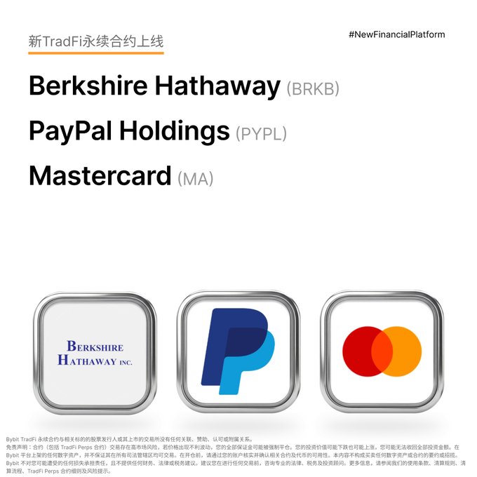 A Bybit TradFi promotional graphic announcing perpetual contract listings for Berkshire Hathaway (BRKB), PayPal Holdings (PYPL), and Mastercard (MA), featuring the company logos on silver app icons.