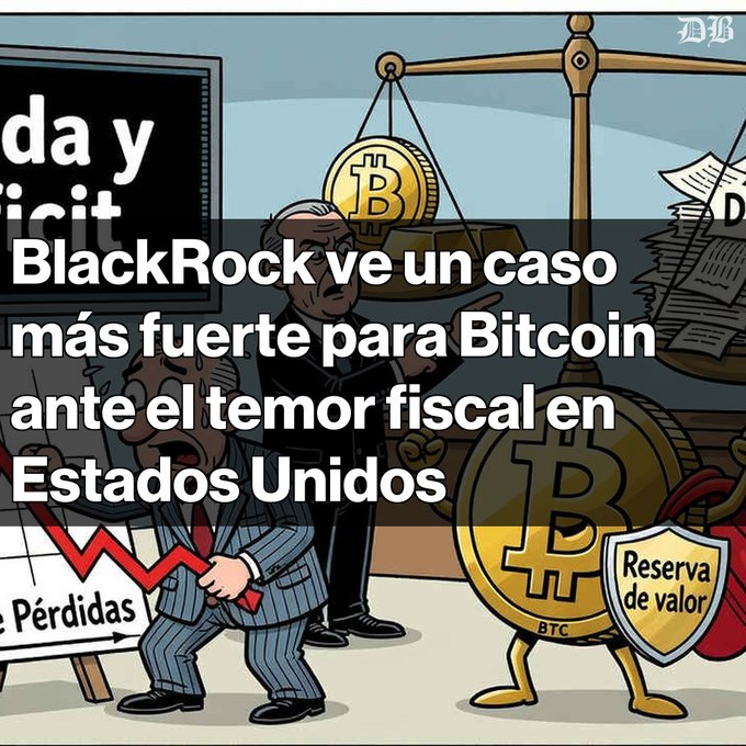A cartoon illustration with Spanish text reading "BlackRock ve un caso más fuerte para Bitcoin ante el temor fiscal en Estados Unidos," showing a Bitcoin coin as a "Reserva de valor" shield next to worried figures and a "Pérdidas" chart.