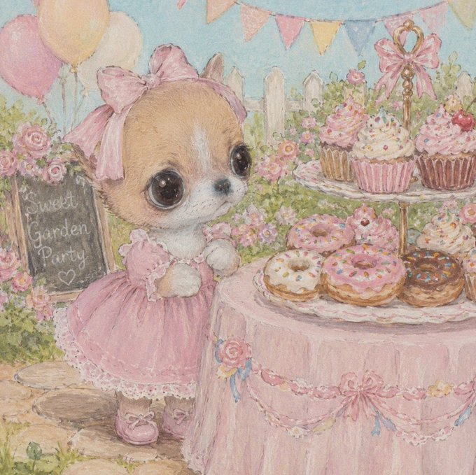 A whimsical illustration of a small chihuahua wearing a pink frilly dress and bow, standing next to a tiered display of pink frosted cupcakes and donuts at a 'Sweet Garden Party' with balloons and bunting.