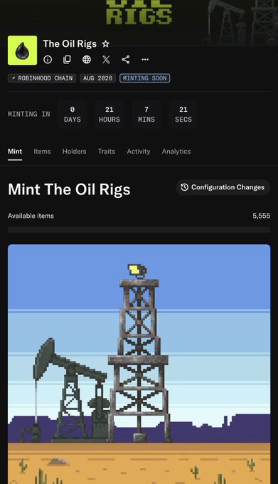 A screenshot of an NFT minting page for 'The Oil Rigs' on the Robinhood Chain, showing a countdown timer and pixel art of an oil derrick.