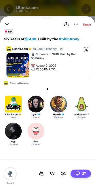 A screenshot of a LBank.com Twitter Space titled 'Six Years of $SHIB: Built by the #ShibArmy' hosted by LBank.com with multiple listeners.