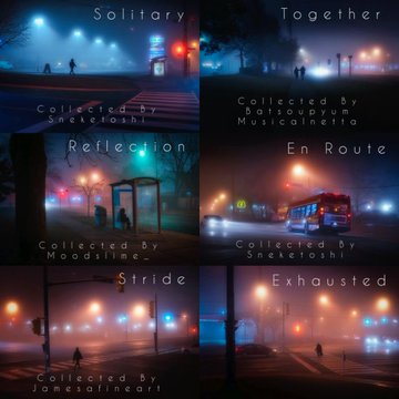 A collection of six moody foggy street photographs titled 'Solitary', 'Together', 'Reflection', 'En Route', 'Stride', and 'Exhausted', each credited to different photographers like Sukatoshi, Batisoupum, Musicainrio, Moodslime_, and Jamiesfineart.