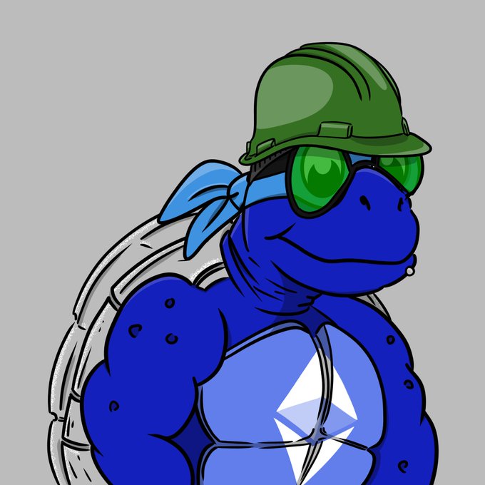 A cartoon illustration of a muscular blue turtle character wearing a green hard hat, green sunglasses, and a blue bandana, with a white lightning bolt symbol on its chest.