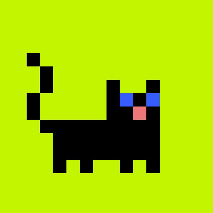 A pixel art illustration of a black cat with blue eyes and a pink tongue sticking out, displayed on a bright green background.