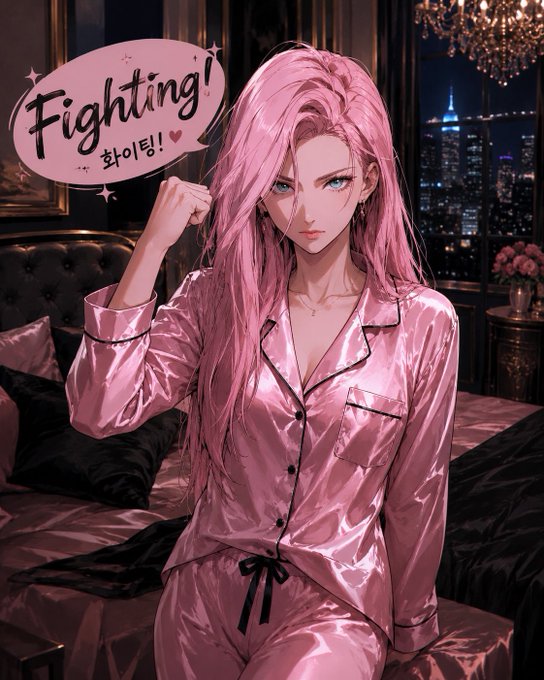 The image features an anime character wearing pink pajamas standing in front of a bed with a black comforter. The character has long hair, and there are flowers visible near her. The background includes a city skyline at night, suggesting that she is in a bedroom setting. The text "Fighting!" is written above the character's head, indicating that they might be fighting or engaged in an intense activity.
