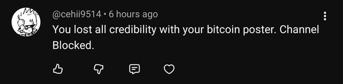 A YouTube comment from user "@cehii9514" posted 6 hours ago reads "You lost all credibility with your bitcoin poster. Channel Blocked." The sarcastic comment epitomizes the "blocked for having a Bitcoin poster" phase of the online crypto cycle, mocking how prominently displaying Bitcoin content can trigger hostile gatekeepers.