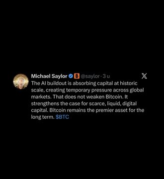 The image features a black background with white text that reads "Michael Saylor says: Bitcoin remains the premier asset for the long term." The text is centered, making it easy to read and understand.