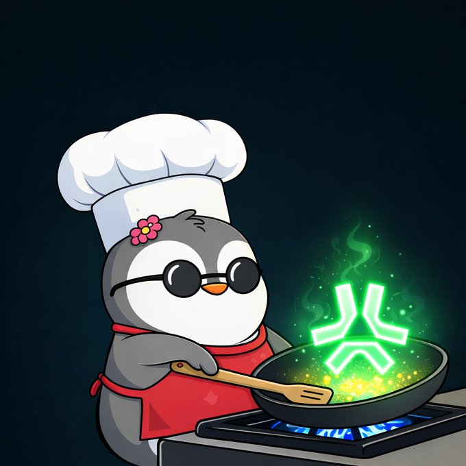 A cartoon penguin wearing a chef's hat, red apron, and sunglasses cooks green fire in a frying pan on a stove, with a Chinese character visible in the flames.