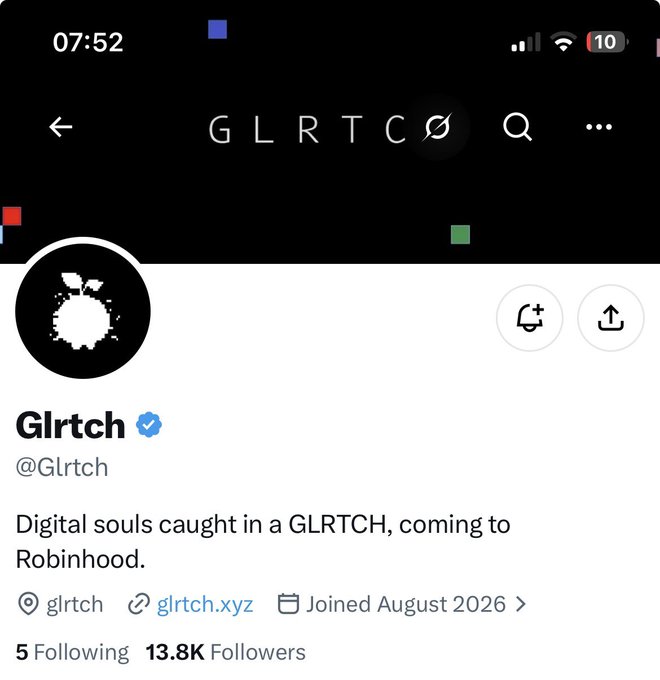 The image shows a verified X (Twitter) profile for @Glrtch, which is described as "Digital souls caught in a GLRTCH, coming to Robinhood" and currently has 13.8K followers. The accompanying post reveals it's a memecoin launch announcement with a limited whitelist window, supply of 3,404, market price of 0.0016, and minting scheduled for September 14th at 1 PM UTC.
