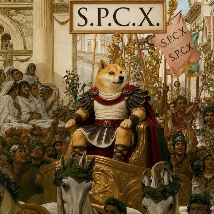 The image features a dog dressed as a Roman emperor, sitting atop a golden chariot with two horses behind him. The dog is wearing a red cape and holding a banner that says "SPCX." This scene appears to be part of an art project or promotional event related to the popular video game series, "DOGE. DEUS. DOGEUS MAXIMUS Romans already knew it about $SPCX @elonmusk". The image captures the attention and imagination of viewers by combining elements from a well-known story with a modern twist.