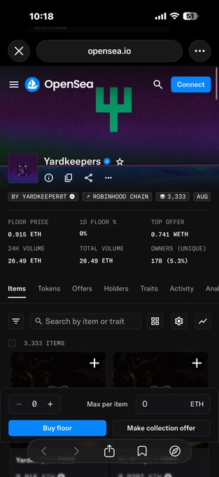 A screenshot of the OpenSea mobile website (opensea.io) displaying the Yardkeepers NFT collection on the Robinhood Chain, showing a floor price of 0.915 ETH, total volume of 26.49 ETH, and 178 unique owners across 3,333 items.