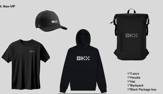 An OKX merchandise bundle (Non-VIP tier) featuring a black cap, t-shirt, hoodie, backpack, and black package box, all branded with the OKX logo.