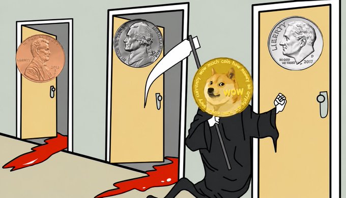 The image features a cartoon dog holding a coin with a face on it while standing in front of three doors. The first door has a penny on it, the second door has a nickel, and the third door has a dime. Above the doors, there is a knocker shaped like a death knell. The post includes text that reads "Knock, knock. $DOGE is coming for 10¢ again".