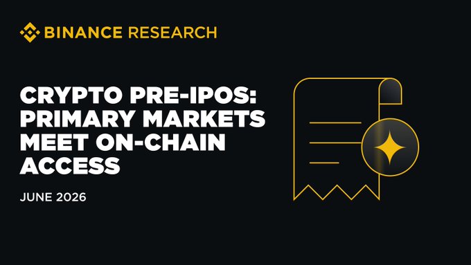 The image is a Binance Research report cover titled "Crypto Pre-IPOs: Primary Markets Meet On-Chain Access" dated June 2026, featuring the Binance logo and a stylized certificate/receipt icon with a spark. It visually introduces the topic of on-chain access to pre-IPO investment opportunities, complementing the post's discussion of Binance's role in unifying fragmented financial market entry points.