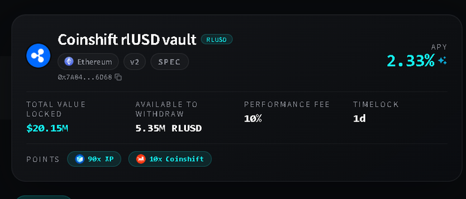 A cryptocurrency dashboard displaying 'Coinshift rLUSD vault' on Ethereum with 2.33% APY, $20.15M total value locked, 5.35M RLUSD available, 10% performance fee, and 1d timelock.