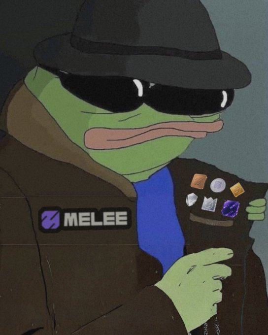 A cartoon illustration of a green frog character wearing a black fedora, sunglasses, and a brown jacket adorned with pins, holding up a jacket lapel. A logo reads 'MELEE' with a purple 'Z' symbol.