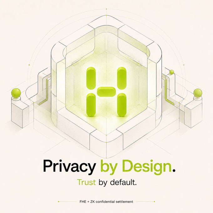 A promotional graphic with an isometric 3D structure and a glowing green 'H' logo, featuring the text 'Privacy by Design. Trust by default.' and 'FHE + ZK confidential settlement'.
