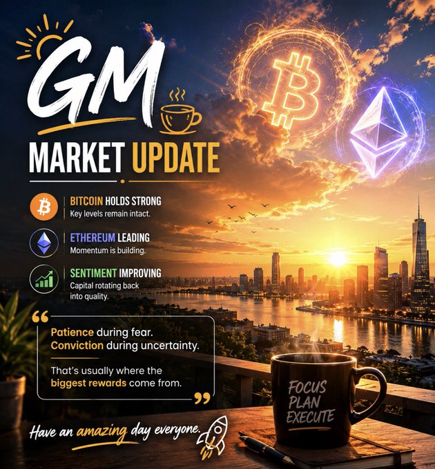 The image features a poster with a city skyline at sunset behind a cup of coffee. The text on the poster reads "GM Markets are looking stronger today. Bitcoin continues to hold key levels, Ethereum is showing signs of leadership, and capital is slowly rotating back into quality projects". The poster also includes a quote from someone who says "Focus on what's in the image and how it relates to the post", which suggests that the viewer should pay attention to the details within the image.