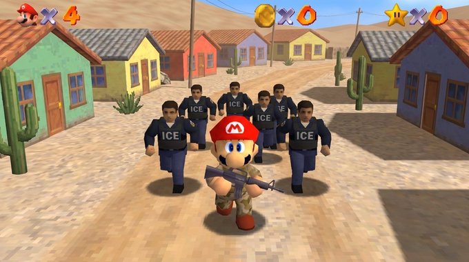 Screenshot from a Mario video game showing Mario holding a rifle, surrounded by men wearing black uniforms labeled 'ICE', set in a desert town with colorful houses and cacti.