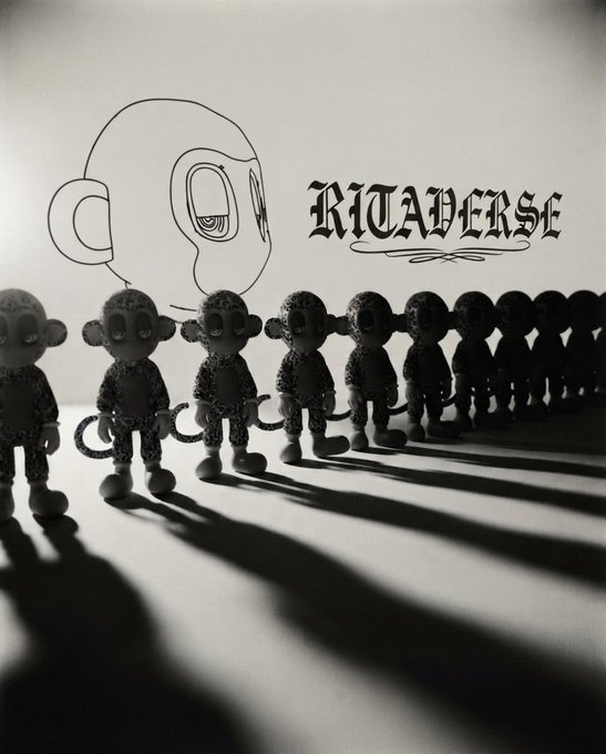 Black and white photograph of a row of small monkey figurines with long shadows, with a sketched cartoon monkey head and 'Ritaverse' text in stylized lettering.