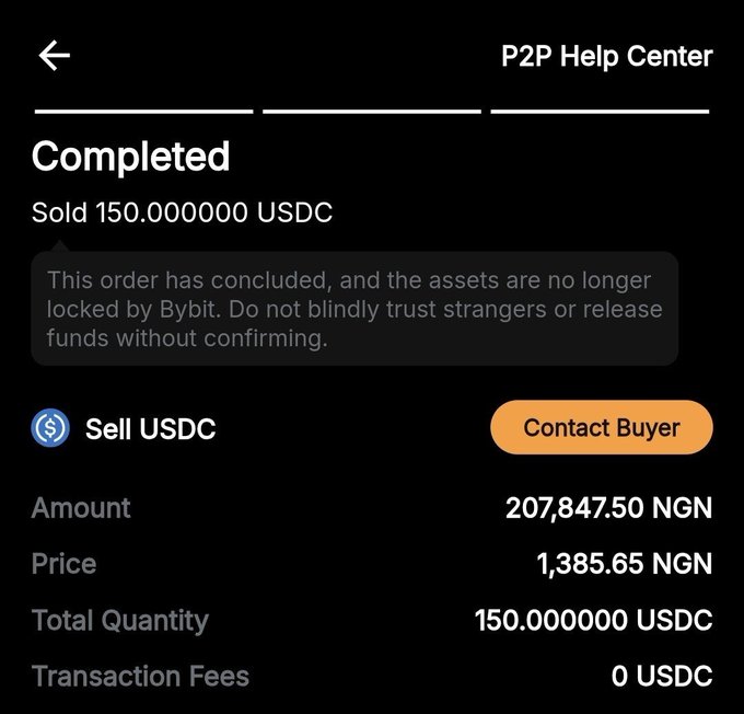 Screenshot of a Bybit P2P Help Center page showing a completed 'Sell USDC' transaction for 150.000000 USDC at a total of 207,847.50 NGN, with 0 USDC in transaction fees.
