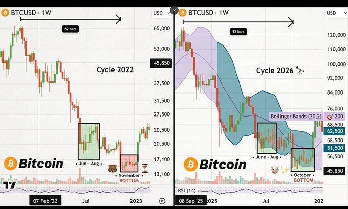 The image shows two side-by-side weekly BTCUSD charts comparing "Cycle 2022" (left, ending in November 2022 bottom) with "Cycle 2026" (right, with Bollinger Bands and RSI overlay), both highlighting similar 52-bar downtrend patterns with June-August consolidation boxes, suggesting Bitcoin may repeat its 2022 bottoming structure around October at the $45,850 support level.