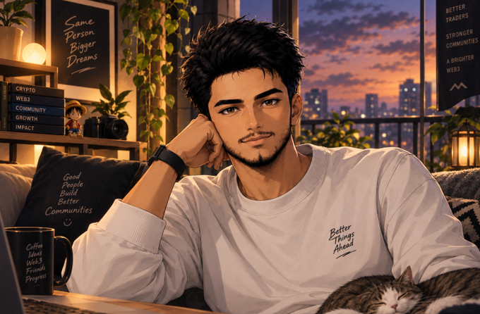 An anime-style illustration of a young man with dark hair resting his chin on his hand, wearing a white sweatshirt with 'Better Things Ahead' text, sitting on a couch with a cat in a cozy room with motivational text like 'Same Person Bigger Dreams' visible.