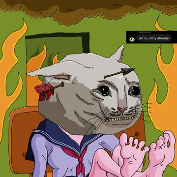 A digital illustration of a distressed cat-like character in a school uniform with an arrow through its head, surrounded by flames, with a chat notification reading 'bigsmegod: art is utility already'.