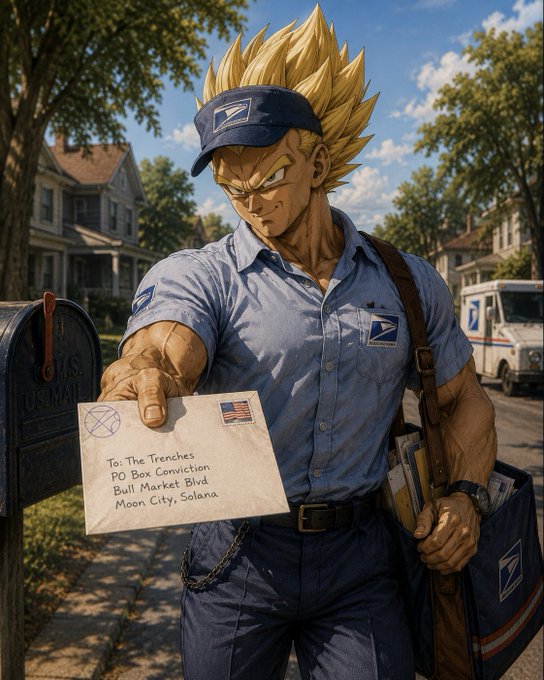A spiky-haired mail carrier in a USPS uniform holds out a parcel addressed to "The Trenches, PO Box Conviction, Bull Market Blvd, Moon City, Solana," while gripping a satchel overflowing with mail, embodying the post's theme of unwavering delivery to crypto's trenches.