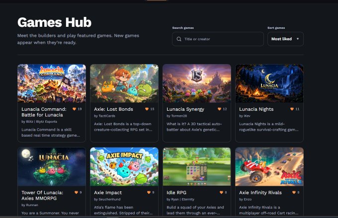 Games Hub webpage displaying Axie Infinity games such as 'Lunacia Command: Battle for Lunacia', 'Axie: Lost Bonds', and 'Lunacia Synergy'.