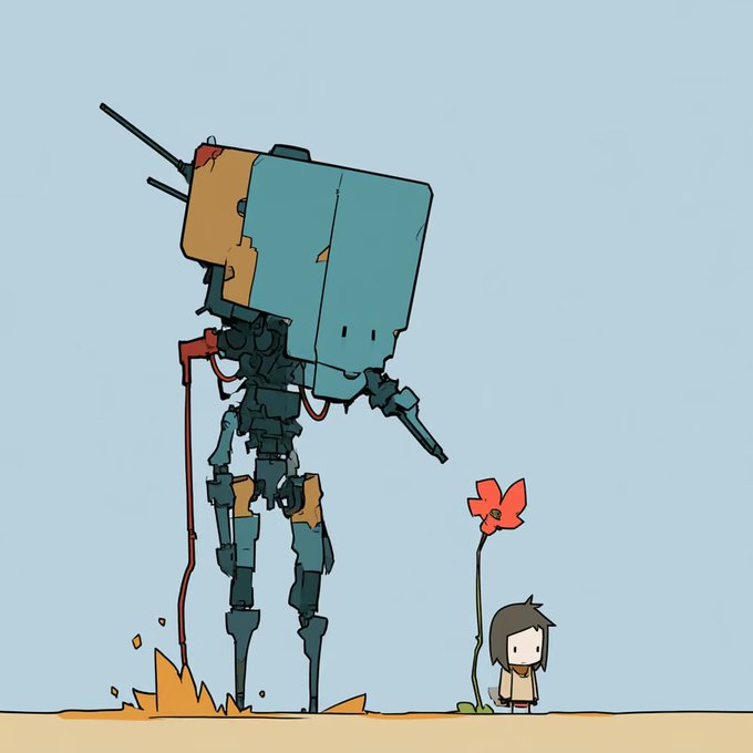 An illustration shows a small girl with dark hair standing beside a tall, weathered teal and yellow mecha robot and a single red flower on a barren landscape.