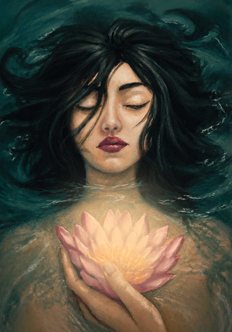 An artistic painting depicts a woman with closed eyes floating in water, holding a pink lotus flower, with her dark hair spreading out around her.