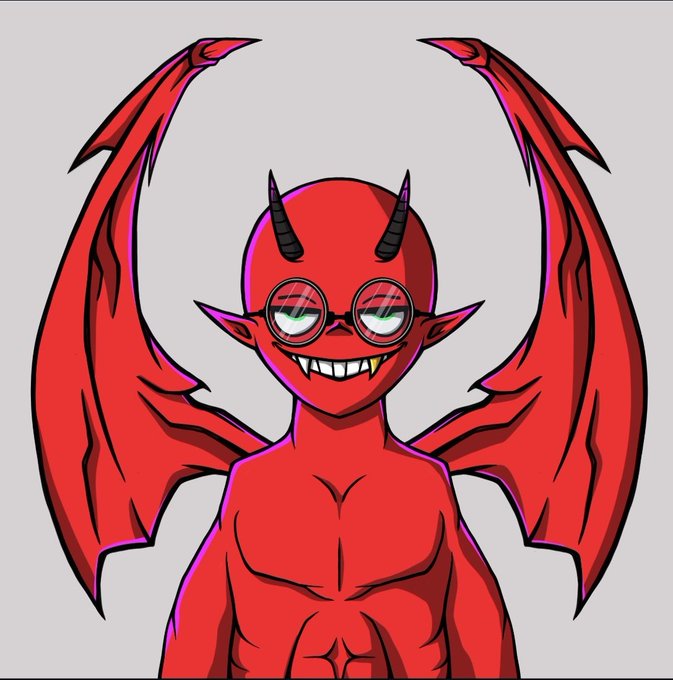 An illustration of a red-skinned devil character with large bat-like wings, two black horns, pointed ears, round glasses, and a wide toothy grin.