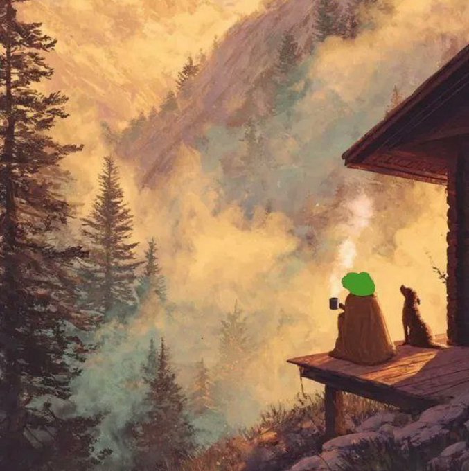 A digital painting or artwork showing a hooded figure with a green head sitting on the wooden deck of a cabin in misty mountains, holding a steaming mug beside a dog, surrounded by pine trees and golden clouds.
