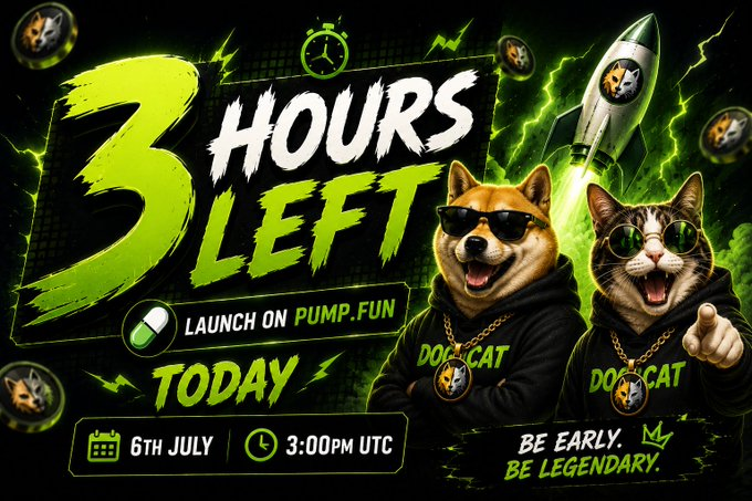The image is a promotional countdown graphic with a neon green and black theme, featuring cartoon-style Shiba Inu (Doge) and cat characters wearing sunglasses, gold chains, and "DOGCAT" hoodies, alongside a rocket ship and coins. Bold text announces "3 HOURS LEFT," "LAUNCH ON PUMP.FUN," "TODAY," "6TH JULY," and "3:00PM UTC," with the tagline "BE EARLY. BE LEGENDARY."—visually reinforcing the urgency of the DogCat meme token launch described in the post.