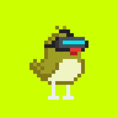 A pixel art image of a duck or bird character wearing a VR headset against a bright yellow-green background.