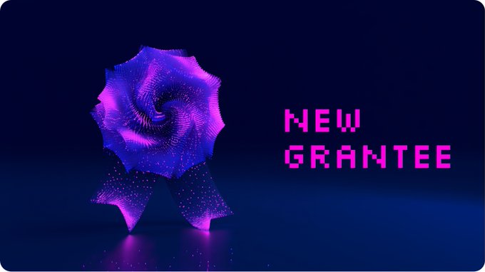 A glowing purple spiral badge of honor hovers in dark space next to bold pixelated text reading "NEW GRANTEE," visually celebrating Spiral's announcement of Weikeng Chen as a new grantee for developing privacy-preserving lightclient UTXO queries.