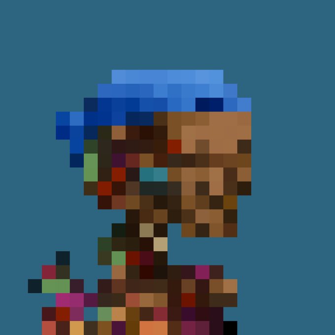 A pixel art image showing a character with blue hair and brown skin wearing colorful clothing against a teal background.
