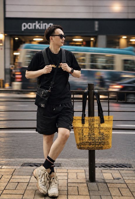 A street style photo of a man wearing sunglasses, a black t-shirt, and shorts, leaning against a post with a Balenciaga tote bag, with a blurred city street in the background.