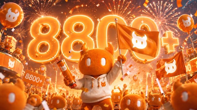 A vibrant orange and gold promotional graphic features a cute mascot character holding a flag with the number '8800+' displayed prominently.