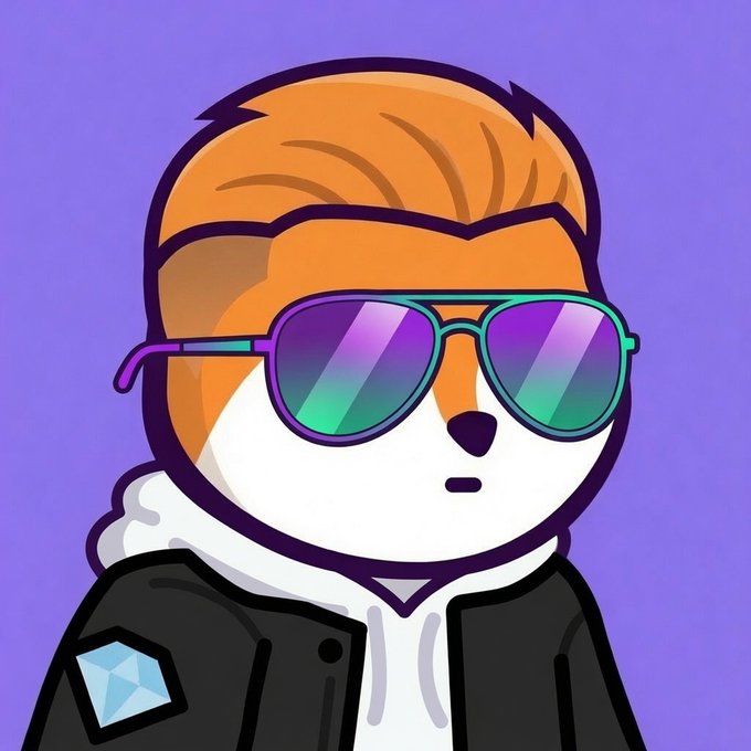 A cartoon illustration of a dog character with orange hair wearing colorful gradient sunglasses, a black jacket with a blue gem logo, against a purple background.