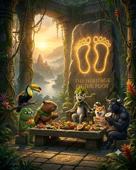 A whimsical jungle feast scene features tropical animals—a toucan, capybara, frog, monkey, Shiba Inu, and a bull—gathered around a stone table laden with fruit, beneath a glowing monolith inscribed with two glowing footprints and the text "THE HERITAGE OF THE FOOT." The meme-coin styled illustration ties into the post's hype by framing the chaotic "meme kings" as pre-launch strategists, with the bull symbolizing the impending bullish $MOVEIT pump teased for late tonight.