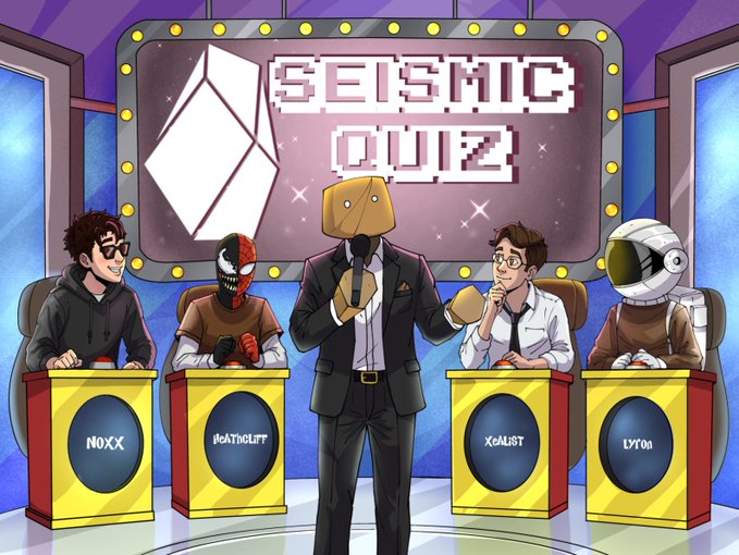 The image features a cartoon scene with four men sitting at a table, each wearing a suit and tie. They are participating in an online competition called "The ultimate test of ecosystem knowledge", which involves answering questions related to geology and earthquakes. The event is scheduled for the following day on the Discord channel.