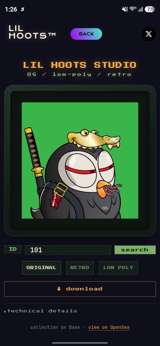 A mobile app screenshot for 'LIL HOOTS STUDIO' displaying an NFT of a penguin-like character with a sword, listing options for 'ORIGINAL', 'RETRO', and 'LOW POLY' versions with ID 101.